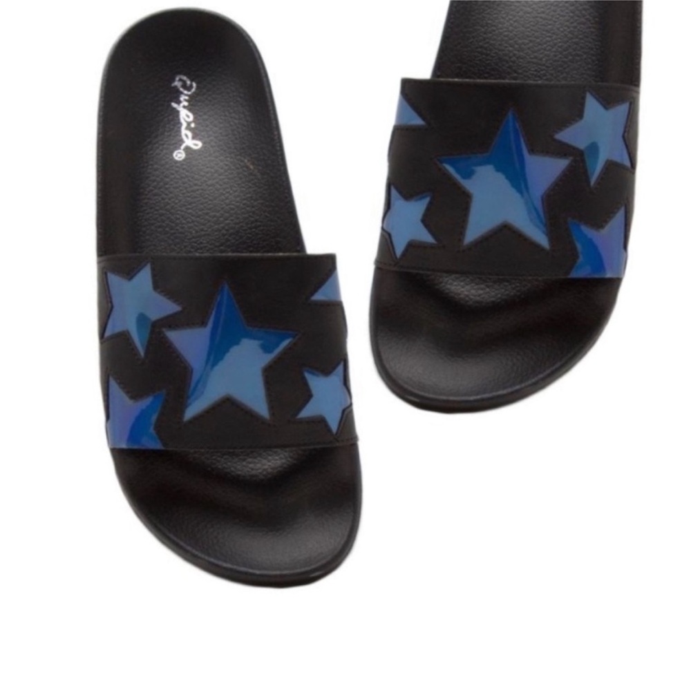Black with blue stars slip on slippers slides sandals